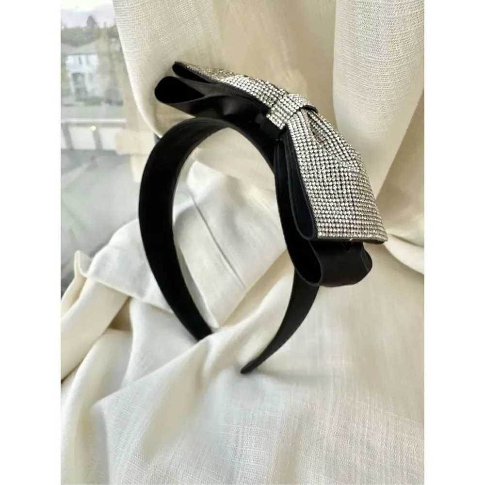 Sparkly Rhinestone black satin bow headband ￼